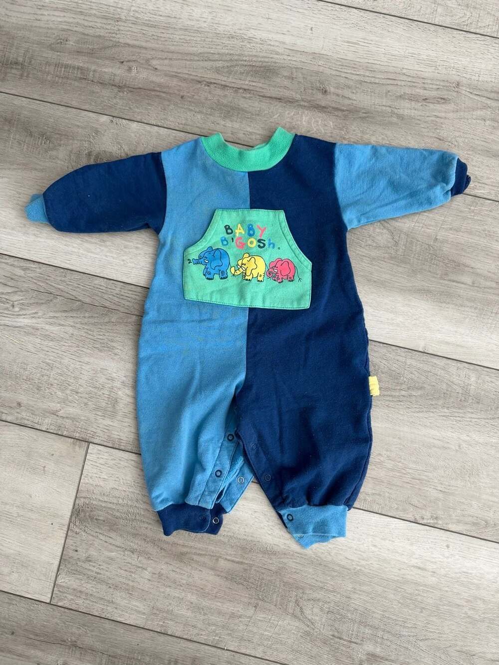 90s Vintage Baby B'gosh Romper Size 12M Blue Colorblock Elephant